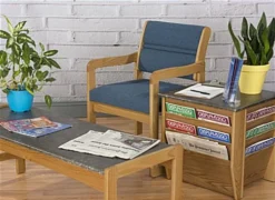 19.5" Seat Height Waiting Room Chair, Medium Oak Finish & Fabric Upholstery - Blue 7 19.5" Seat Height Waiting Room Chair, Medium Oak Finish & Fabric Upholstery - Blue -UZI Business Furniture Shop dw11mopb.renv preview