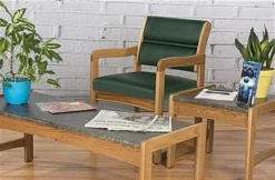 19.5" Seat Height Waiting Room Chair, Medium Oak Finish & Vinyl Upholstery - Green -UZI Business Furniture Shop dw11movg.renv preview