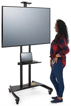 TV Stand W/ Shelf, Fits Monitors 65 To 80", Camera Tray & AV Shelf, Wheels – Black -UZI Business Furniture Shop em6580bk.ra6 preview