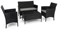 Patio Set W/ 16"h Table, Outdoor, Cushioned Sofa & 2 Chairs, Synthetic Rattan