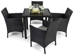 Dining Set W/ 29"h Table, Outdoor, 4 Cushioned Chairs, Synthetic Rattan - Dark Brown -UZI Business Furniture Shop fdoutdset2.ra3 preview
