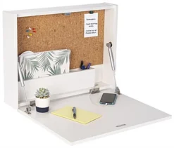 24" W X 18" H Wall Mounted Folding Desk W/ File & Pen Storage, Cork Backer - White
