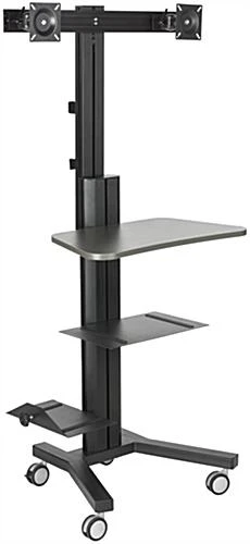 Rolling TV Stand, (2) 10-24" Screens, Power Outlets, CPU Holder & Shelf – Black