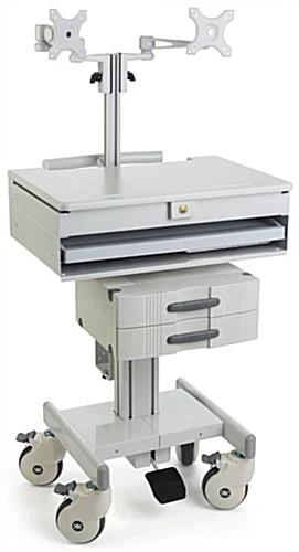 Computer Cart For (2) 15”-23" Screens, Height Adjustable, Drawers & CPU Holder – Gray 2 Computer Cart For (2) 15”-23" Screens, Height Adjustable, Drawers & CPU Holder – Gray - Image 2