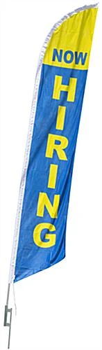 14’ Feather Flag & Ground Spike With Pre-Printed NOW HIRING Message – Yellow & Blue