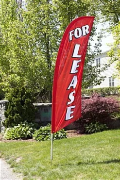 8' Real Estate Feather Flag W/ Ground Spike FOR LEASE Message - Red