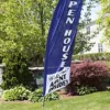8' Real Estate Feather Flag W/ Ground Spike, Vertical OPEN HOUSE Message - Blue