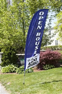 8' Real Estate Feather Flag W/ Ground Spike, Vertical OPEN HOUSE Message - Blue