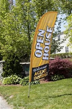 8' Real Estate Feather Flag W/ Ground Spike, OPEN HOUSE Message - Gold
