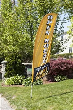 8' Real Estate Feather Flag W/ Ground Spike, Vertical OPEN HOUSE Message - Gold