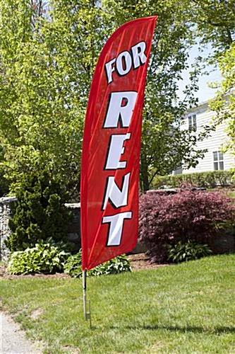8' Real Estate Feather Flag W/ Ground Spike FOR RENT Message - Red 1 8' Real Estate Feather Flag W/ Ground Spike FOR RENT Message - Red