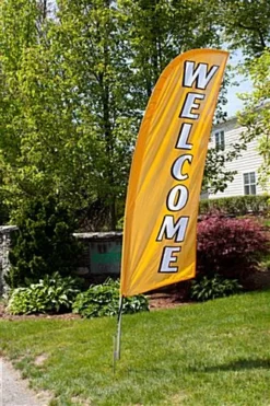 8' Feather Flag W/ Ground Spike WELCOME Message - Gold