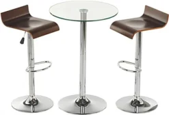 Pub Table Set With 1 Tempered Glass Round Cocktail Table, 2 Adjustable Wooden Stools