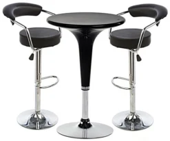 Pub Table Set With 1 Round Cocktail Table, 2 Adjustable Leatherette Stools - Black