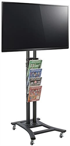TV Stand W/ Wheels, 4-Pocket Literature Rack, For 32”-65”, Height Adjustable - Black